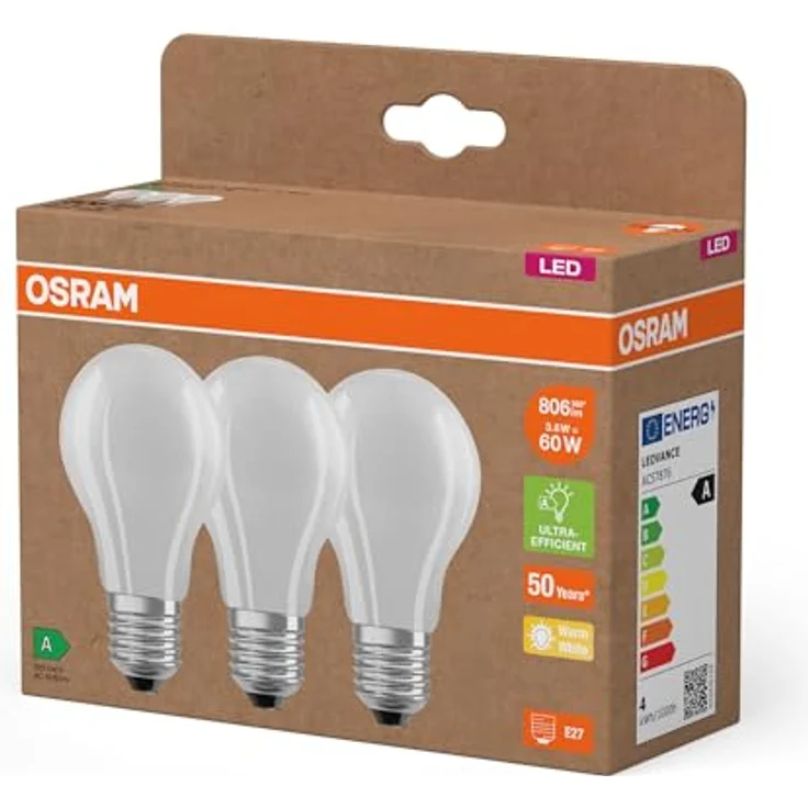Osram Hocheffiziente LED Lampen mit Energieeffizienz Klasse A, Vorteilspack mit 3 Leuchtmittel, ersetzt herkömmliche 60W Glühbirnen, Birnenform, warmweiß(2700K), E27, mattes Glas – Bild 4