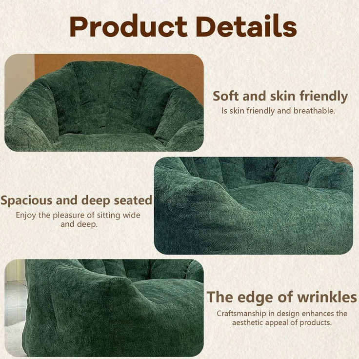 Ergonomischer, runder Sitzsack „Shimmer Bear Paw Sofa“ mit ergonomischer Form und optimaler Körperanpassung für vielseitigen Komfort und Entspannung zu Hause – Grün – 86,3 x 99 x 64,7 cm – YOUDENOVA – Bild 7