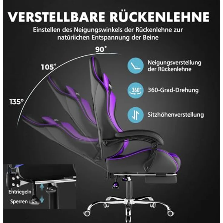 GTPLAYER Gaming Stuhl, Bürostuhl, Ergonomischer Pc Stuhl, Gaming Sessel mit Massagelendenwirbelstütze, Task Stühle mit Fußstütze und Kopfstütze, Lila Kunstleder – Bild 6