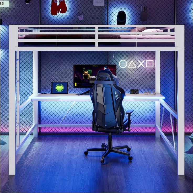Merax Hochbett mit LED-Beleuchtung & USB-Ladestation (Jugendbett Einzelbett Mehrzweckbett, 1-St) Metallbett Kinderbett 160x200 cm mit Schreibtisch Leiter & Schutzgitter