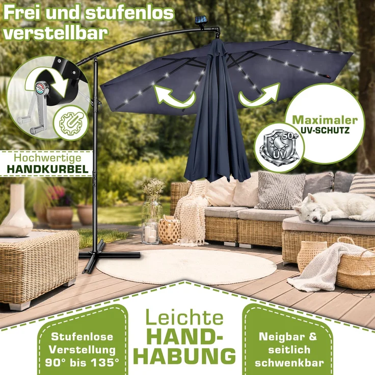 tillvex Alu Ampelschirm Navy-Blau LED Solar Ø 350 cm mit Kurbel | Sonnenschirm mit An-/Ausschalter | Gartenschirm UV-Schutz Aluminium | Kurbelschirm mit Ständer Marktschirm wasserdicht – Bild 3