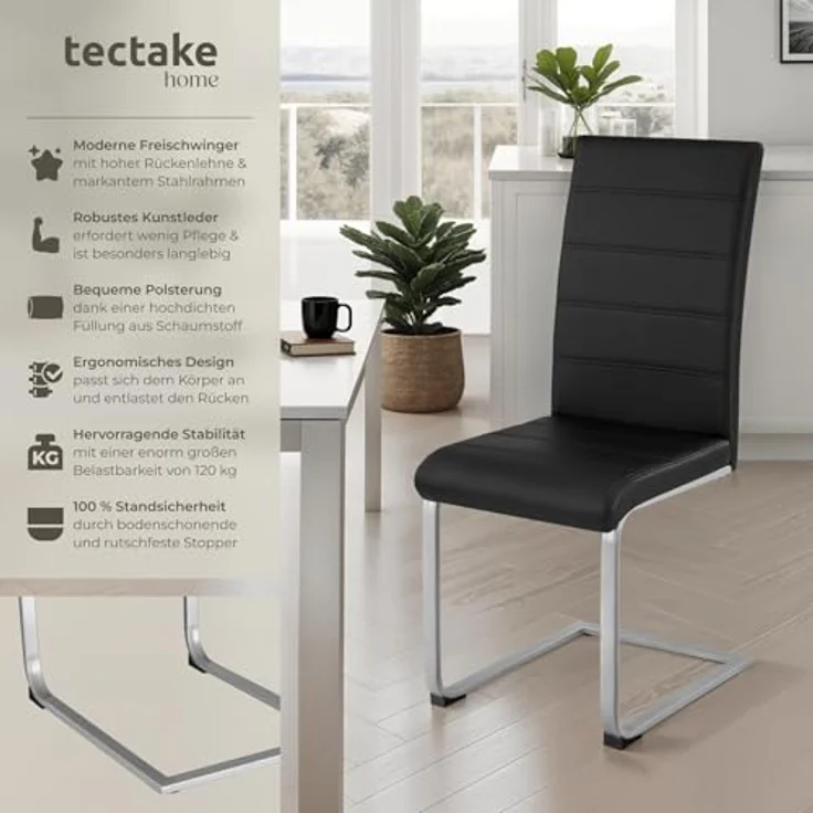 TecTake 800451 2er Set Esszimmerstuhl, Kunstleder Stuhl mit hoher Rückenlehne, Schwingstuhl mit ergonomisch geformter Rückenlehne (2er Set schwarz | Nr. 402549) – Bild 5