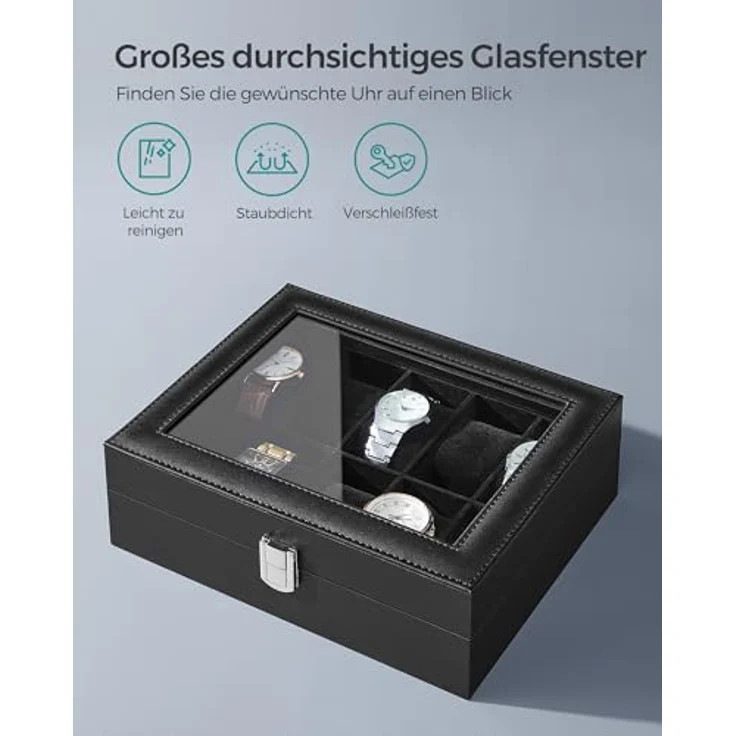 SONGMICS Uhrenbox mit 10 Fächern, Uhrenkasten, Glasdeckel, Uhrenkoffer, herausnehmbare Uhrenkissen, Metallverschluss, Geschenkidee, PU-Bezug in Schwarz, Innenfutter in Schwarz – Bild 4