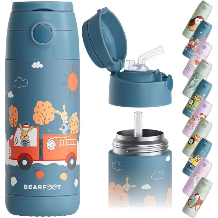 BEARFOOT Trinkflasche Thermo Kinder Trinkflasche Edelstahl - Feuerwehr Hase blau, Thermosflasche, auslaufsicher, Edelstahl, Kinderflasche, BPA-frei – Bild 1
