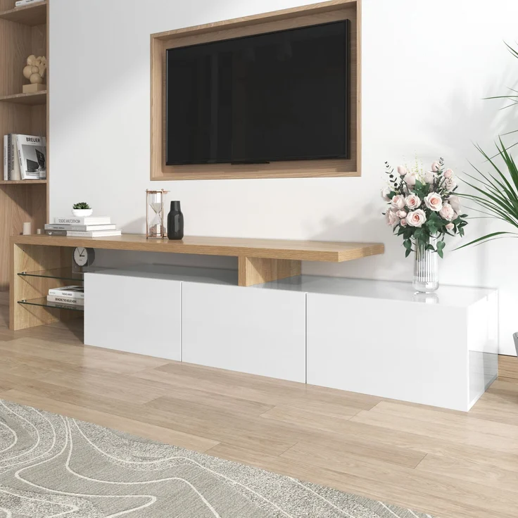 TV-Schrank 197,5 cm Weiß Hochglanz Holzoptik mit LED Beleuchtung, Lowboard mit Stauraum und Glasböden – Bild 5