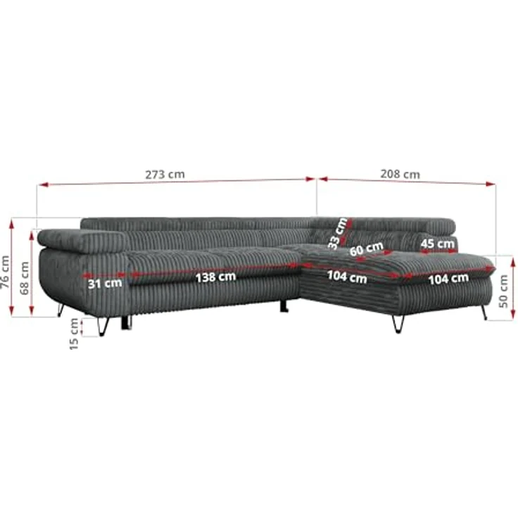 Mks Möbel 'Peter L-form' Ecksofa mit Bettfunktion, Bettkasten & einstellbaren Kopfstützen, Dunkelgrau, Cord, rechts – Bild 4