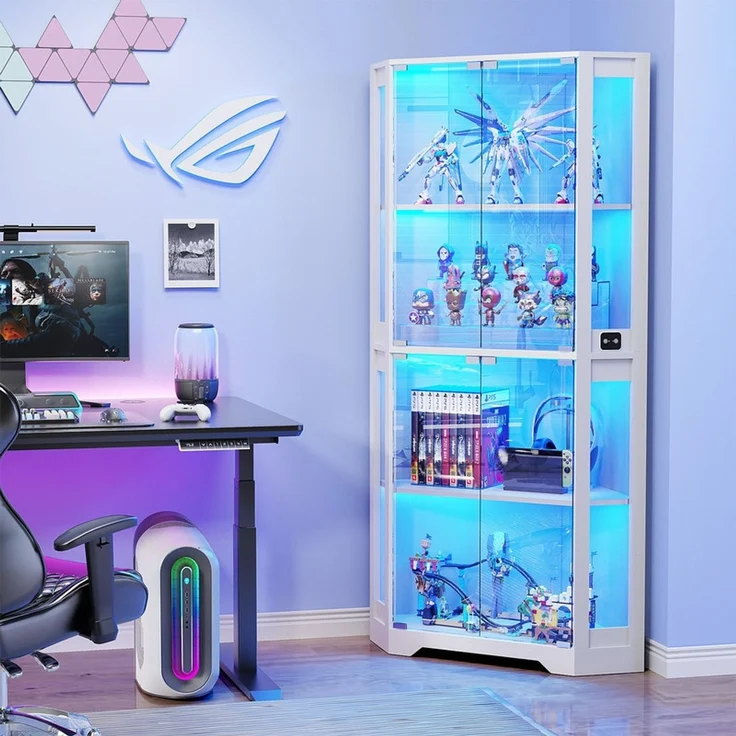 Eckvitrine 60x165x60 cm, Curio-Schrank mit 4 Regalböden, LED-Beleuchtung und Körpersensor, Weiß – Bild 3