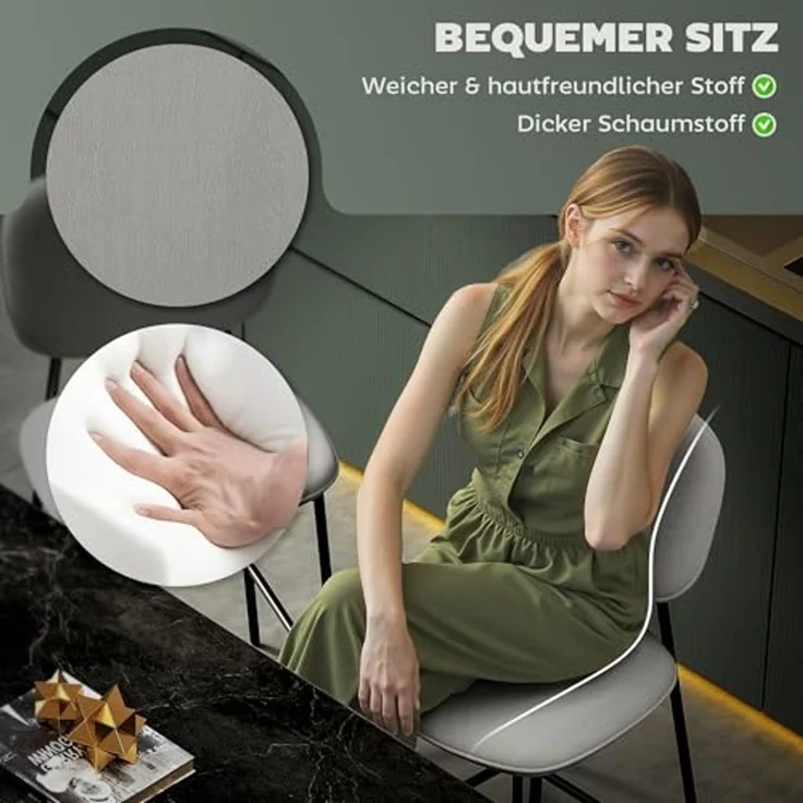 HOMCOM 2er-Set Barhocker, Bistrohocker mit Fußstütze, Barstuhl, Samt-Bezug, Küchenstuhl mit Rückenlehne, Tresenhocker-Set mit Stahlbeinen für Wohnzimmer, Esszimmer, Hellgrau, 45 x 49 x 102 cm – Bild 4