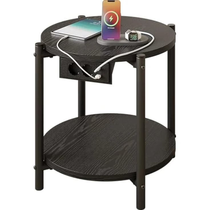 IRONCK Beistelltisch rund, Couchtisch mit Steckdose, Kleiner Tisch Holz, Wohnzimmertisch 2 Ablagen,Sofatisch,USB & Type-C-Anschluss, Metallrahmen, Nachttisch für Schlafzimmer (Schwarz, 1 Stück) – Bild 10
