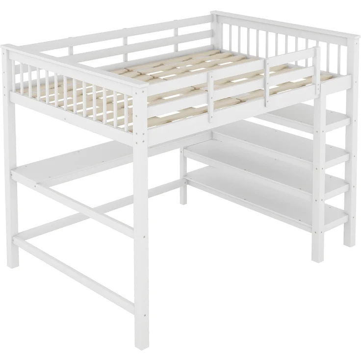 Hochbett 140x200 cm Kinderhochbett mit Schreibtisch, Ablagefächern, Kiefernholz + MDF, weiß, sichere Leiter – Bild 8