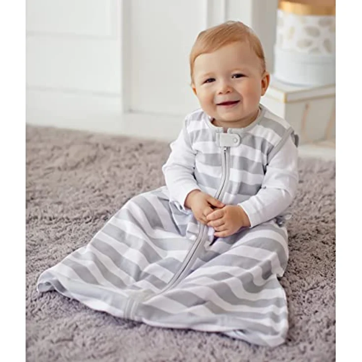 Mama Cheetah Baby Wearable Blanket, Swaddle Transition Organic Cotton Sleep Bag, 0.5 TOG Sleep Sack with 2-Way Zipper, Small (0-6 Months), Clouds/Stripes – Bild 6