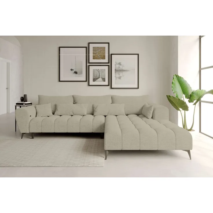 99rooms Ferrano Ecksofa Chenille EDEN Creme Rechts mit Sitztiefenverstellung