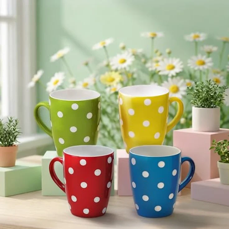 matches21 HOME & HOBBY Tasse Kaffeetassen Punkte-Dekor Bunt, 4er Set, für 250 ml, 4-tlg, Porzellan, Dopamin Deko Kaffeebecher für Tee & Cappuccino – Bild 6