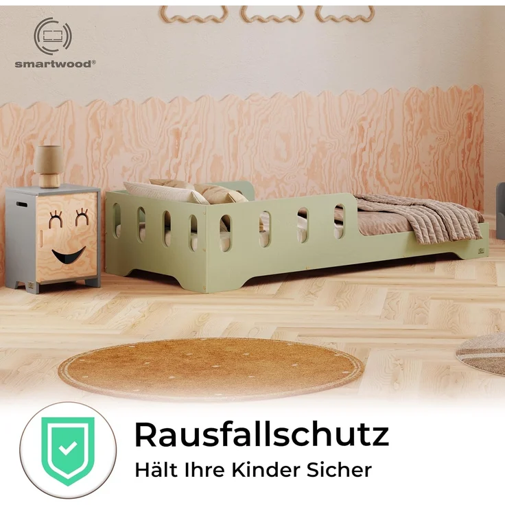 smartwood Kinderbett 120x200 cm in Grün - Montessori Bodenbett mit Rausfallschutz & Lattenrost - Aus handbemaltem Sperrholz - Sicher für Jungen und Mädchen - Einfache Montage - TILA 6 – Bild 6