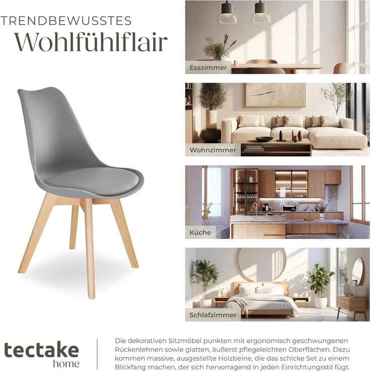 tectake Esszimmerstuhl Küchenstuhl Frederikke ergonomisch, mit Filzgleiter, 49x53x82 cm (Set, 4 St), Strapazierfähige Polsterung für großen Sitzkomfort – Bild 7