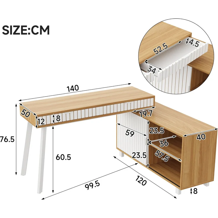 Flieks Schreibtisch, L-förmiger 160×120×76.5 cm, Eckschreibtisch mit 2 Schubladen & Schrank, MDF Bürotisch mit Stahlbeinen, Naturfarbe & Weiß – Bild 4