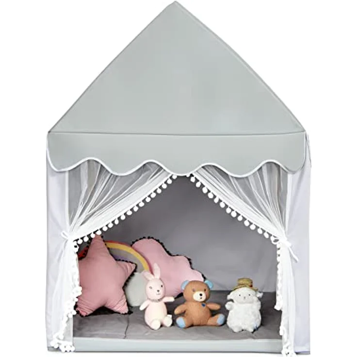 COSTWAY Prinzess Prinzessin Kinderzelt, Stoffzelt / Massivholzrahmen / Baumwolldecke grau, 120 x 105 x 140 cm – Bild 10