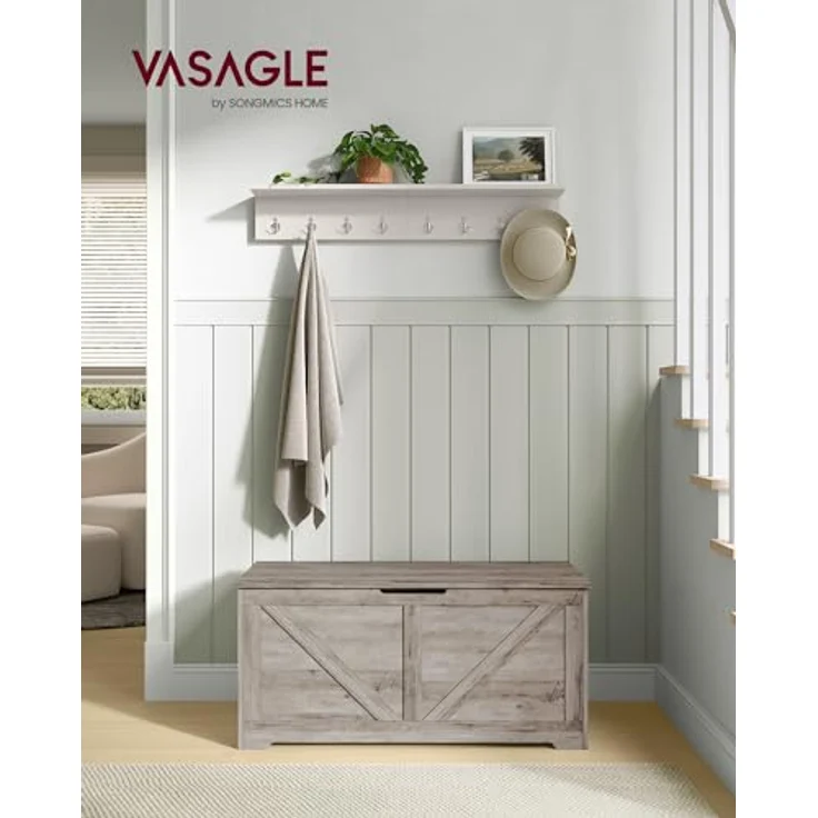 VASAGLE Schuhbank, Sitzbank mit Stauraum, Sitztruhe, 2 Sicherheitsscharniere, Aufbewahrungsschrank, Landhausstil, 40 x 100 x 46 cm, für Flur, Schlafzimmer, Wohnzimmer, Greige meliert LSB060K03 – Bild 3
