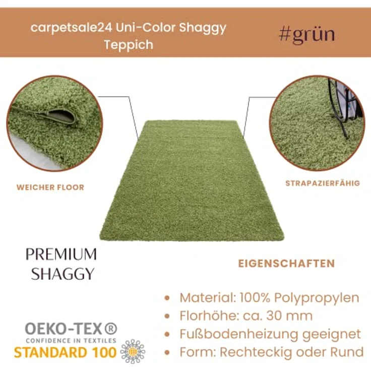 Carpetsale24 Shaggy Hochflor Teppich 60x110 cm Grün weich flauschig modern einfarbig Für Flur oder kleine Räume für Wohnzimmer Schlafzimmer Flur – Bild 3