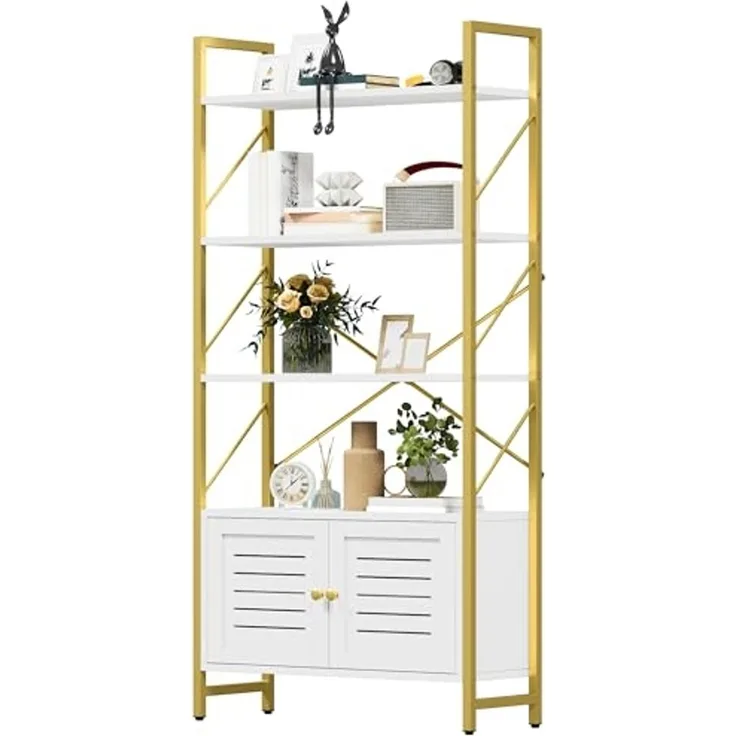 DWVO Bücherregal, Weiß & Gold, 5 Regalböden, Aufbewahrungsschrank mit Türen, modernes Bücherregal für Büro & Zuhause, kompaktes Ausstellungsregal, langlebiges Design