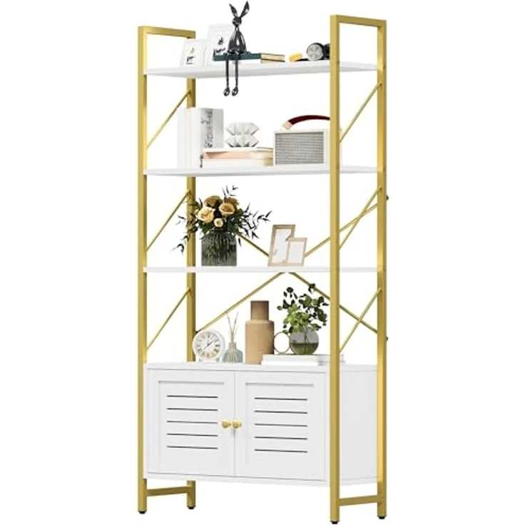 DWVO Bücherregal, Weiß & Gold, 5 Regalböden, Aufbewahrungsschrank mit Türen, modernes Bücherregal für Büro & Zuhause, kompaktes Ausstellungsregal, langlebiges Design – Bild 1