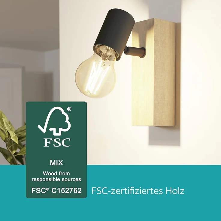 Eglo 32917 LED Wandleuchte TOWNSHEND Stahl schwarz, Holz braun E27 1X10W L:6,5cm H:21,5cm T:19cm dimmbar – Bild 7