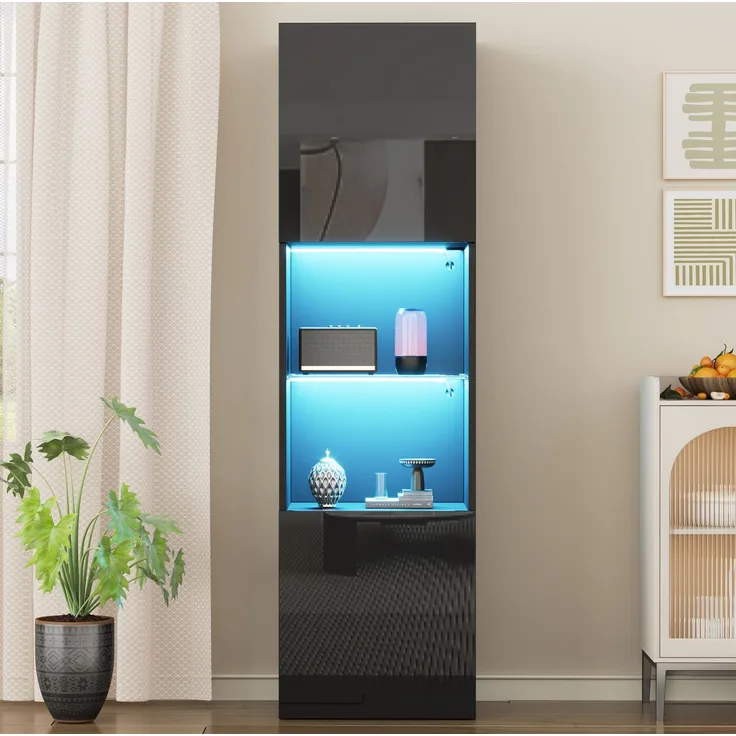 DESVIAE Vitrine mit LED-Beleuchtung, 45x160x35 cm, aus Spanplatte, Schwarz Hochglanz