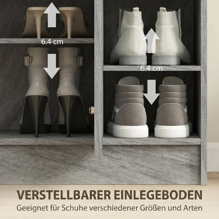 Schuhschrank, Platz für 12 Paar Schuhe, 2 Türen und 4 offene Fächer, für Flur oder Eingangsbereich, Grau--Grau--90x30x83cm--YOUDENOVA – Bild 7