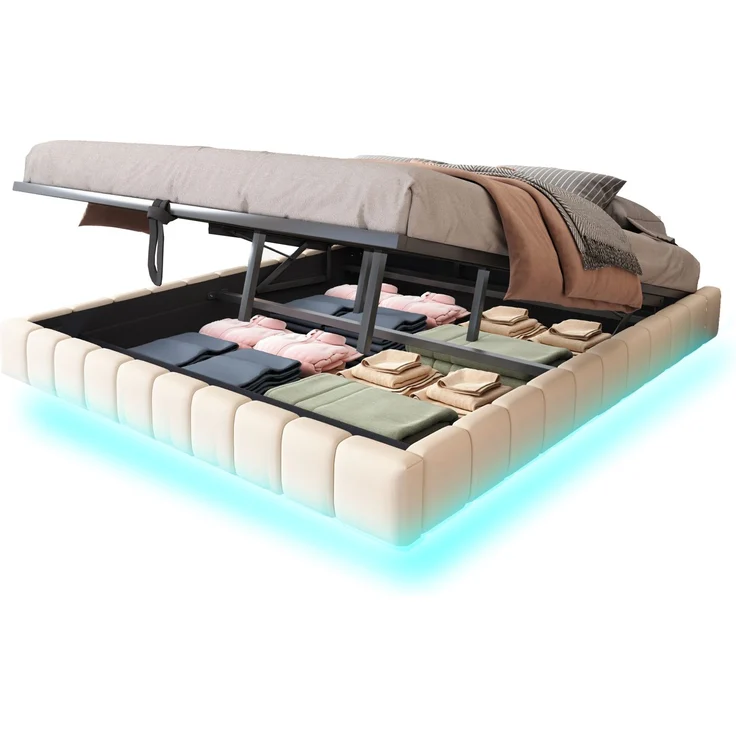 Polsterbett 180x200 cm, Hydraulischer Schwebebettrahmen mit Stauraum, Multifunktionales Polsterbett ohne Kopfteil mit LED-Licht, Leinen Beige – Bild 5