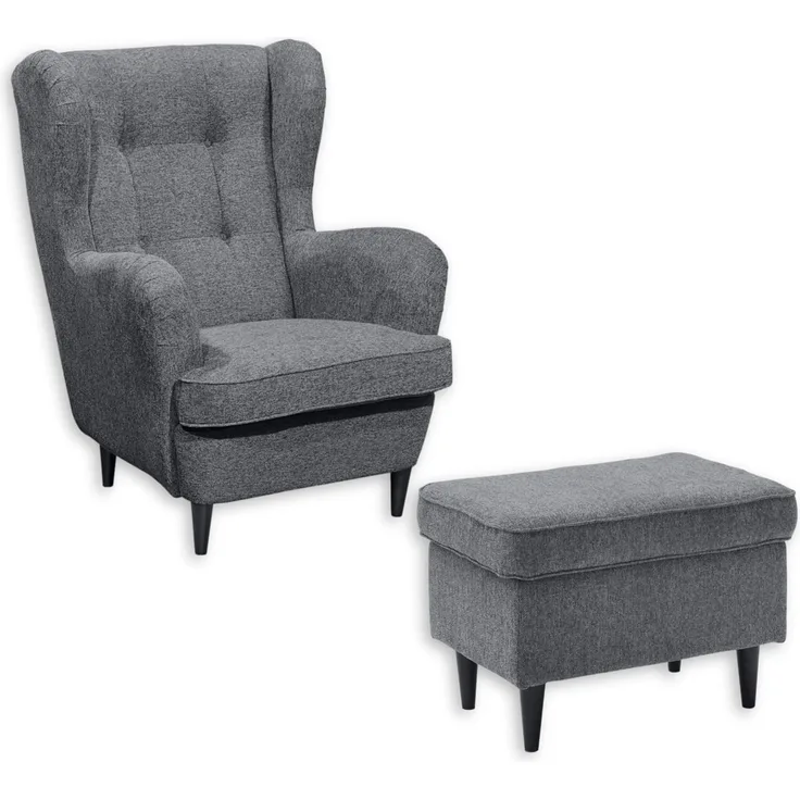 OSKAR Ohrensessel inkl. Fußhocker, Anthrazit - Vintage Wohnzimmer Sessel Set mit Massivholz Füßen - 78 x 102 x 98 cm (B/H/T)
