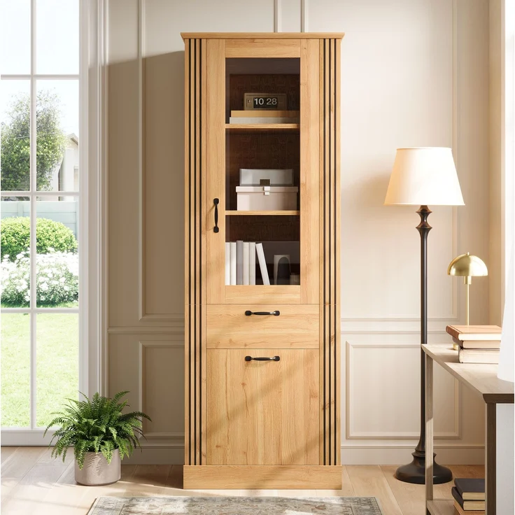 DESVIAE Regal als Vitrinenschrank Natur aus Spanplatte – 62x180x41 cm – LED-Beleuchtung, Spiegeltür, Schublade – Bild 3