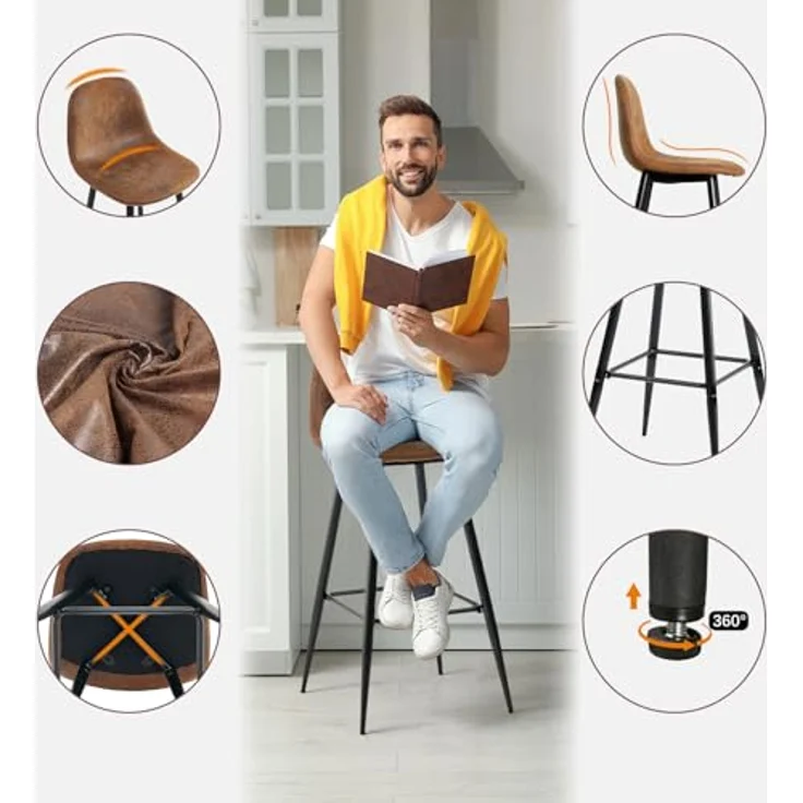 MEUBLE COSY Barhocker 2er Set Barstuhl Vintage mit Lehne und Fußstütze Sitzhöhe 76 cm aus Wildleder Metallbeine für Bar Bistro Café Küche, Kunstleder, Industrie-Design, Braun – Bild 5