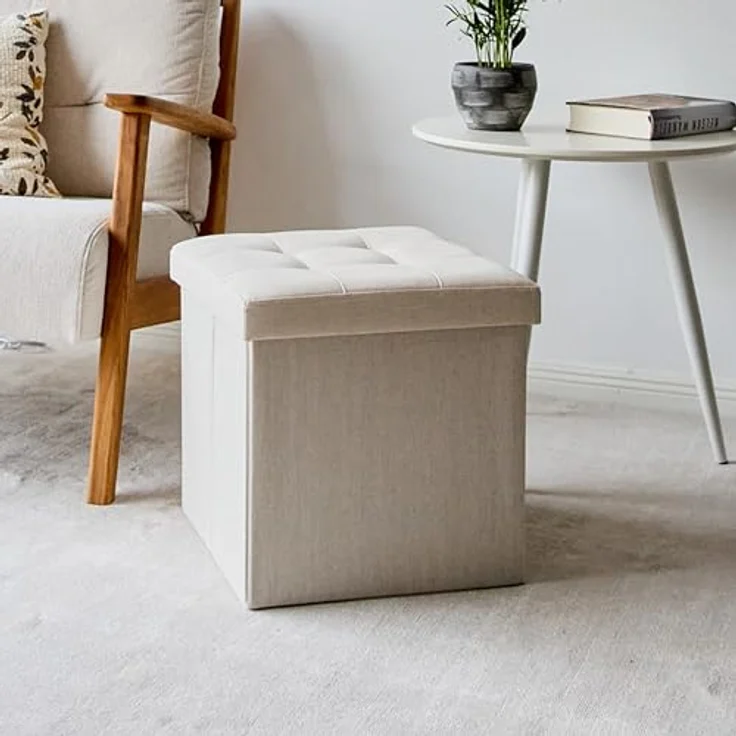 Love IT Store IT Premium Sitzhocker mit Stauraum - Hocker klappbar aus Leinen-Baumwolle - Verstärkt mit Holz - Belastbar bis 150 kg - Beige - 38 x 38 x 38 cm – Bild 7