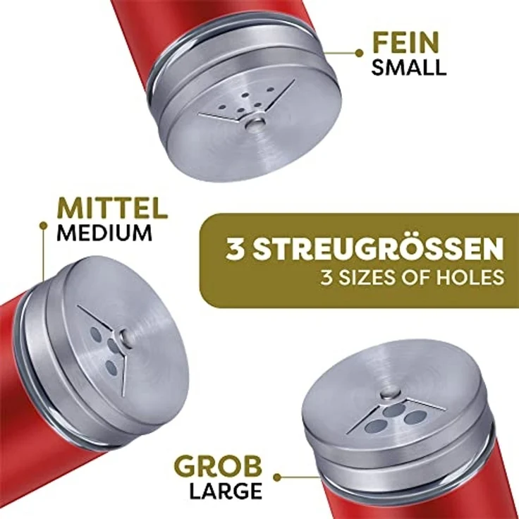 Praknu Salzstreuer 12 Gewürzdosen Rot I Gewürzstreuer Edelstahl Set 80ml, (Set, 12-tlg), Mit Sichtfenster und 3fach Streuregulierung - Gewürzgläser für Gewürze – Bild 4