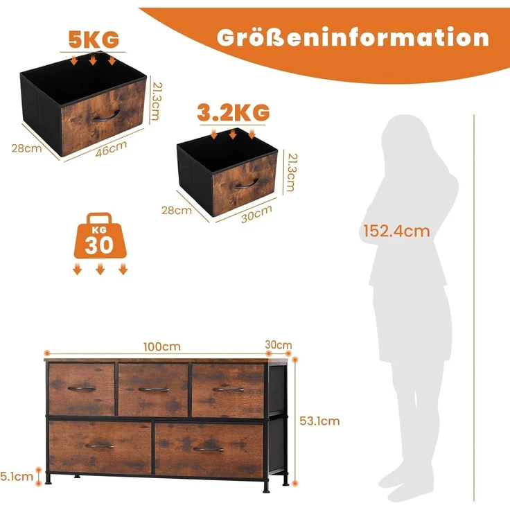 Sweetcrispy Kommode,Sideboard Wohnzimmer für Schlafzimmer mit 5 Stoffschubladen,Einstellbare Füße Schubladenschrank,Komodenschrank für Schlafzimmer,Modernes Braun – Bild 3