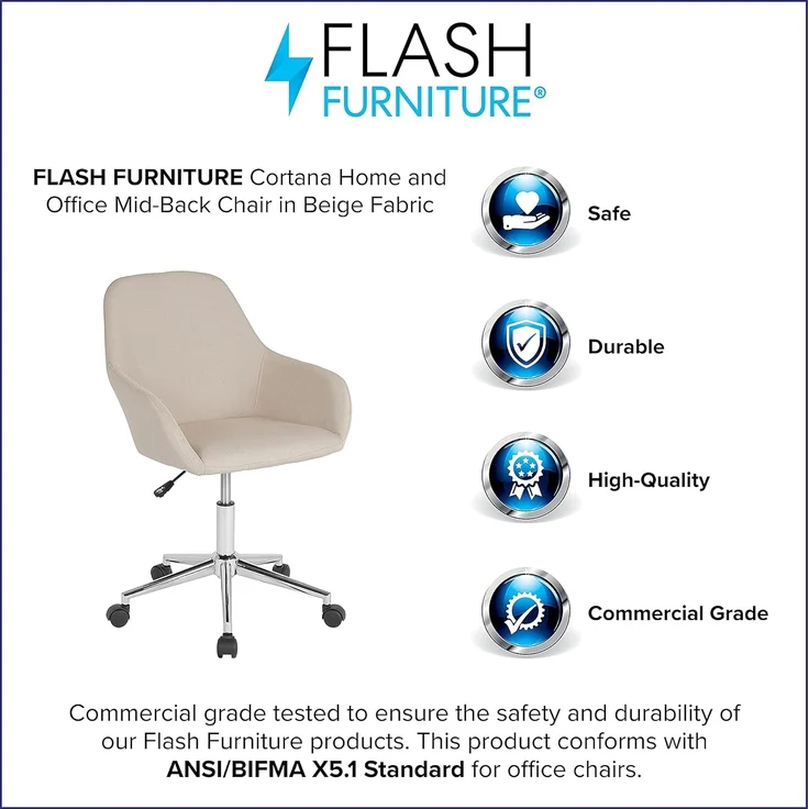 Flash Furniture Cortana Home Bürostuhl, mittelhohe Rückenlehne, Schaumstoff, Metall, Kunststoff, Beiger Stoff, 1 Stück – Bild 4