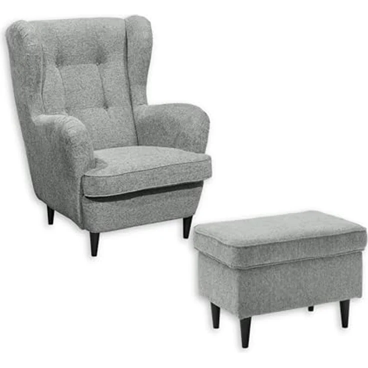 OSKAR Ohrensessel inkl. Fußhocker, Hellgrau - Vintage Wohnzimmer Sessel Set mit Massivholz Füßen - 78 x 102 x 98 cm (B/H/T) – Bild 2