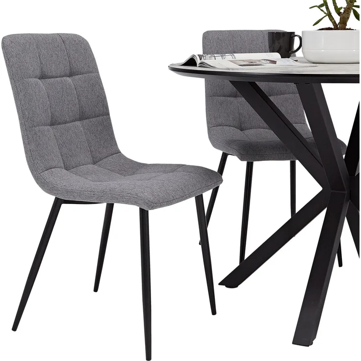 Esstisch mit 4 Stühlen Set Essgruppe Polsterstühle Leinen Grau Esszimmertisch Rund Ø 110 cm Modern Metall Schwarz – Bild 7