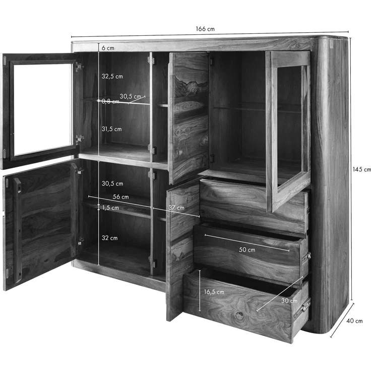 Highboard Sheesham 166x40x145 walnuss gewachst TORONTO #204 – Bild 8