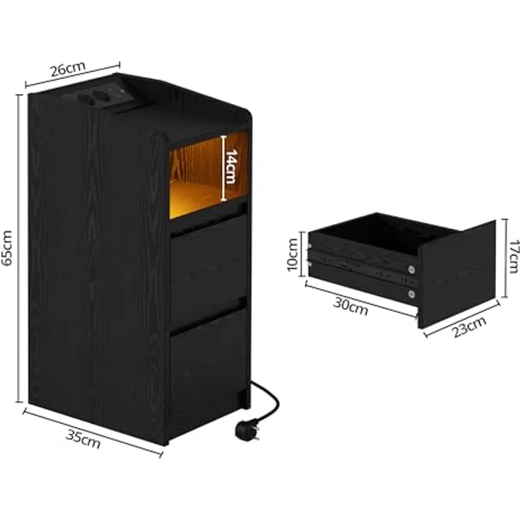 IRONCK Nachttisch Schmal, Beistelltisch mit Ladestation und LED, Schwarz | Bedside Table mit Offenem Fach für Schmale Räume Schlafzimmer, Wohnzimmer, 2 Schubladen,2 AC-Steckdosen,USB+Typ-C Anschlusse – Bild 3