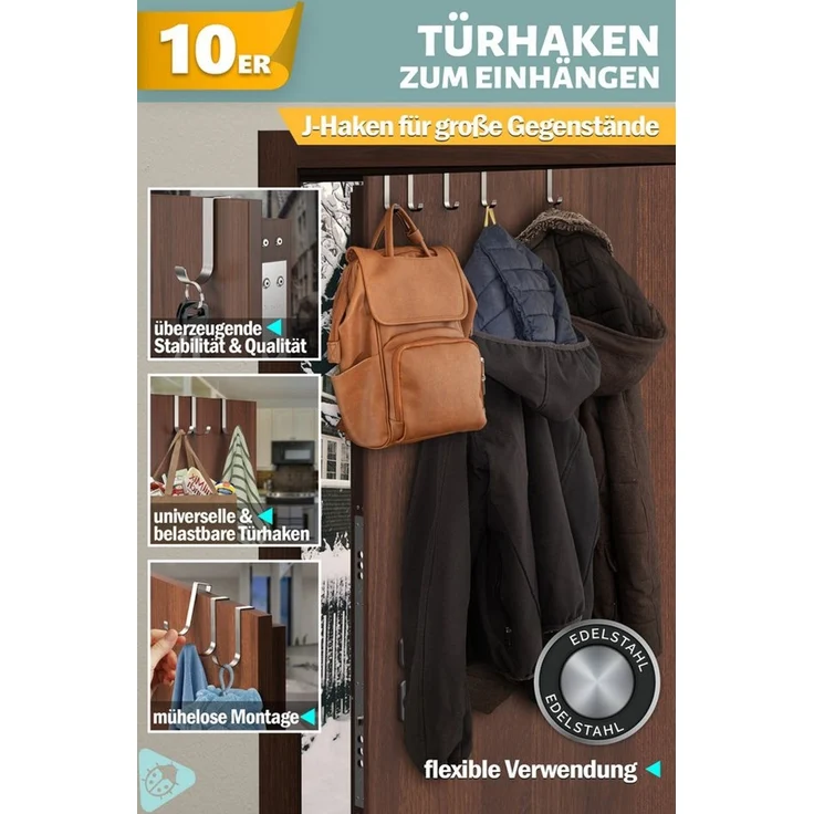 Lindenstein Türhaken Türhaken zum Einhängen, Türen, (Packung, 10-St, 10), Ohne Bohren, langlebig, rostfrei, stabil, verformungsfest – Bild 2