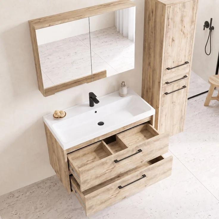 Badplaats Badmöbel-Set Florence 80 x 40 cm - Kastanieneiche - mit Waschbecken, Spiegelschrank und Hochschrank – Bild 4
