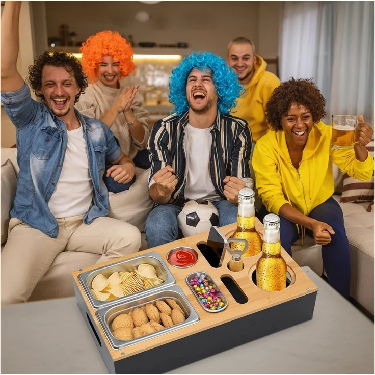 Homewit Tabletttisch Couchbar Snackbox mit zwei Snackschalen für Kinoabende Fußballspiele (1-St), Sofatablett, mit Saucenschalen, Flaschenhalterung für Becher Gläser – Bild 2