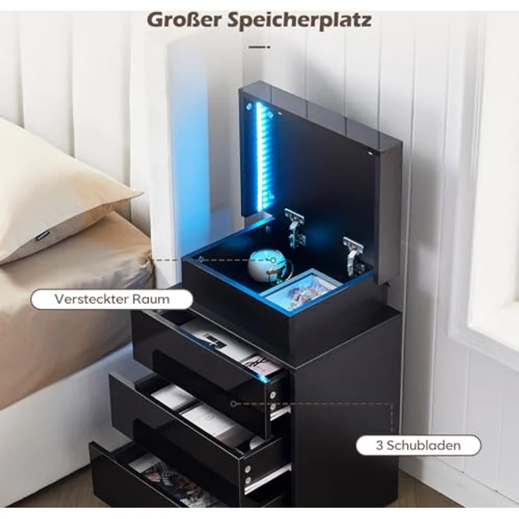 TUKAILAI Nachttisch Schwarz Hochglanz mit LED, Moderner Nachtschrank mit 3 Schubladen, 45 x 35 x 67.5 cm für Schlafzimmer, Home Office – Bild 5