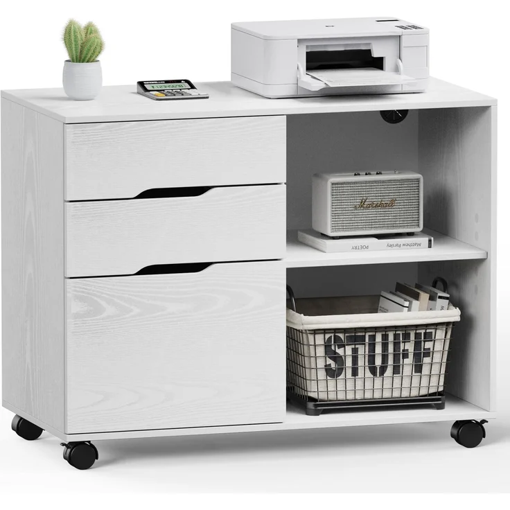 Sweetcrispy Rollcontainer mit 3 Schubladen,Aktenschrank und Druckerschrank mit Rollen,offene Ablage,höhenverstellbarer Einlegeboden,Hängeregistratur A4/Letter/Legal,80 x 40 x 62 cm,Weiß,für Büro Zuhause