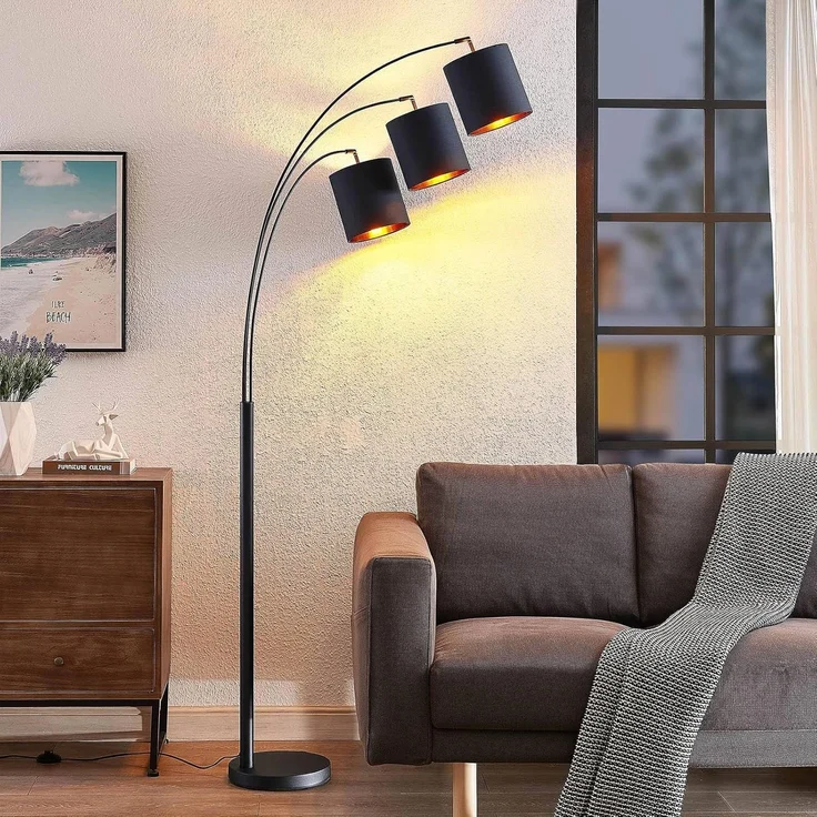 Lindby Stehlampe Nanika, Leuchtmittel nicht inklusive, Modern, Stahl, Textil, Kunststoff, Schwarz, gold, 3 flammig, E27 – Bild 4