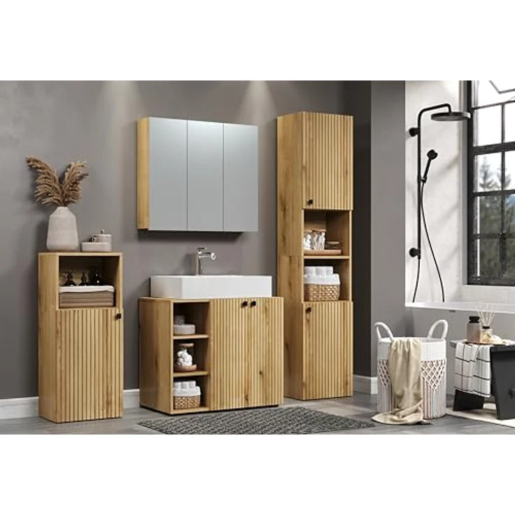 Trendteam Niklas Spiegelschrank, 90 x 80 cm, Evoke Eiche, feuchtigkeitsbeständiger Korpus, 3 Spiegeltüren, verstellbare Ablageböden – Bild 6