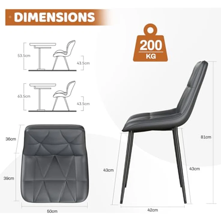 Clevich Esszimmerstühle 2er Set, Bis 200 kg, PU Polsterstuhl, Metallbeine, Stabil, Komfortabel, Einfache Montage, Küchenstühle 81 x 57 x 50CM (Grau, 2 Stück) – Bild 4
