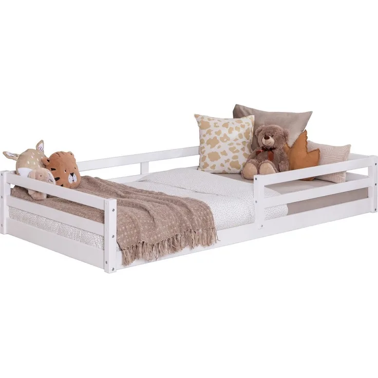 Ticaa Kinderbett, Neo Hausbett Bodenbett mit Rausfallschutz 150kg, inkl. Lattenrost & abnehmbarem Rausfallschutz, 90x200, Weiß
