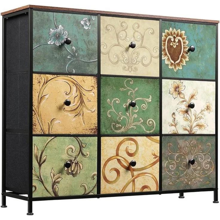 FUROKOY Kommode (Stauraumschrank mit 9 Schubladen, Böhmische Stoffkommode für Schlafzimmer Geeignet Wohnzimmer Flur)
